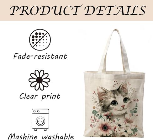 Aesthetic Cat and Flower Canvas Tote Bags, Reusable Shopping Bags, Cute Cats Aesthetic Reusable Tote Bag for Shopping Beach Grocery Work, Gift For Cat Lover Friends in Saudi Arabia
