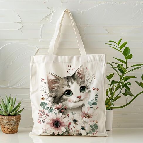 Aesthetic Cat and Flower Canvas Tote Bags, Reusable Shopping Bags, Cute Cats Aesthetic Reusable Tote Bag for Shopping Beach Grocery Work, Gift For Cat Lover Friends in Saudi Arabia