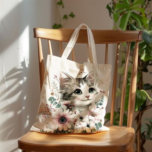 Aesthetic Cat and Flower Canvas Tote Bags, Reusable Shopping Bags, Cute Cats Aesthetic Reusable Tote Bag for Shopping Beach Grocery Work, Gift For Cat Lover Friends in Saudi Arabia