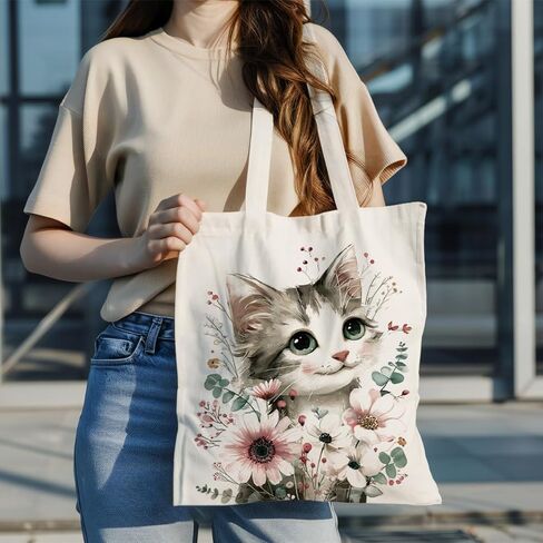 Aesthetic Cat and Flower Canvas Tote Bags, Reusable Shopping Bags, Cute Cats Aesthetic Reusable Tote Bag for Shopping Beach Grocery Work, Gift For Cat Lover Friends in Saudi Arabia
