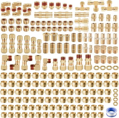 111Pcs Brass DOT Air Brake Line Fittings Assortment,1/4" 1/8" 3/8" 1/2" Quick Connect Hose Fittings DOT Compression Air Nylon Tubing Fittings Assortment Repair Kit for Truck or Industrial Air System in Kuwait