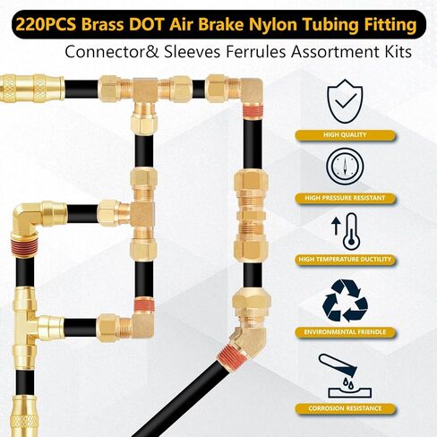 111Pcs Brass DOT Air Brake Line Fittings Assortment,1/4" 1/8" 3/8" 1/2" Quick Connect Hose Fittings DOT Compression Air Nylon Tubing Fittings Assortment Repair Kit for Truck or Industrial Air System in Kuwait