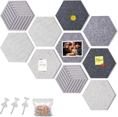 FOCHIER F 10PCS Hexagon Cork Boards for Walls Decor,12"*10.2" Felt Bulletin Board Tiles Sets for Home Office Class Kitchen with 50 Push Pins,Self Adhesive DIY Pin Board for Photos Memos in Kuwait