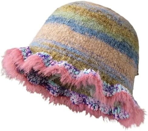 Women's Y2K Aesthetics Knitted Cap Harajuku Fairycore Colorful Fuzzy Bucket Hat Cottagecore Coquette Striped Beanie in Kuwait