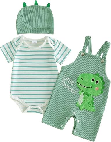 Newborn Baby Boy Fall Winter Clothes Striped Long Sleeve Romper Overall Pants Hat 3Pcs Set Cute Coming Home Outfit in Saudi Arabia