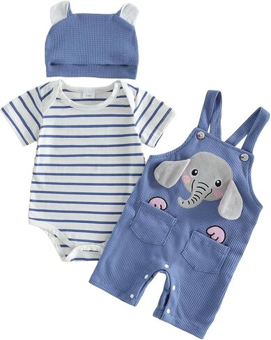 Newborn Baby Boy Fall Winter Clothes Striped Long Sleeve Romper Overall Pants Hat 3Pcs Set Cute Coming Home Outfit in Saudi Arabia