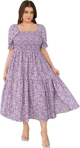 Floerns Women's Plus Size Boho Floral Print Shirred Ruffle Hem A Line Long Dress in Saudi Arabia