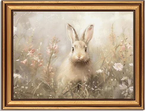 Gold Framed Vintage Easter Bunny Canvas Wall Art Neutral Rabbit Meadow Painting Picture Wall Decor Farmhouse Easter Poster Print Artwork for Bedroom Living Room Bathroom Home Decoration 9x11in in Saudi Arabia