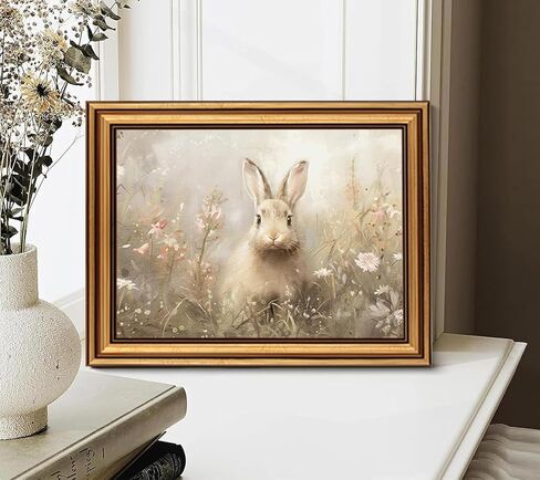 Gold Framed Vintage Easter Bunny Canvas Wall Art Neutral Rabbit Meadow Painting Picture Wall Decor Farmhouse Easter Poster Print Artwork for Bedroom Living Room Bathroom Home Decoration 9x11in in Saudi Arabia