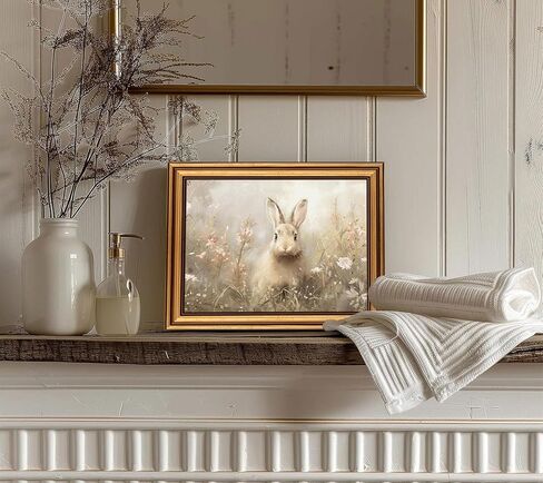 Gold Framed Vintage Easter Bunny Canvas Wall Art Neutral Rabbit Meadow Painting Picture Wall Decor Farmhouse Easter Poster Print Artwork for Bedroom Living Room Bathroom Home Decoration 9x11in in Saudi Arabia