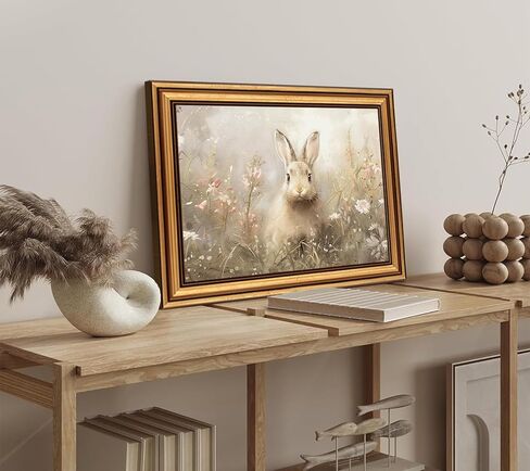 Gold Framed Vintage Easter Bunny Canvas Wall Art Neutral Rabbit Meadow Painting Picture Wall Decor Farmhouse Easter Poster Print Artwork for Bedroom Living Room Bathroom Home Decoration 9x11in in Saudi Arabia