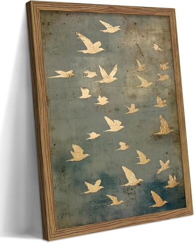 Framed Flock of Birds Canvas Wall Art, Vintage Minimalist Abstract Landscape Painting, Neutral Gold Birds Spiritual Wall Decor, Modern Aesthetic Pictures for Bedroom Living Room 8x10 inch in Saudi Arabia