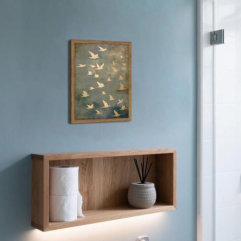 Framed Flock of Birds Canvas Wall Art, Vintage Minimalist Abstract Landscape Painting, Neutral Gold Birds Spiritual Wall Decor, Modern Aesthetic Pictures for Bedroom Living Room 8x10 inch in Saudi Arabia