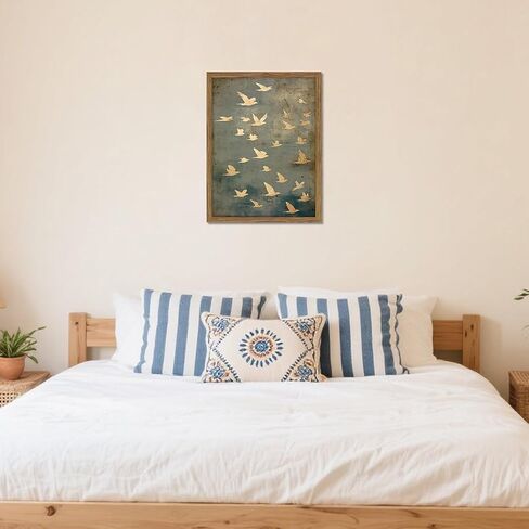 Framed Flock of Birds Canvas Wall Art, Vintage Minimalist Abstract Landscape Painting, Neutral Gold Birds Spiritual Wall Decor, Modern Aesthetic Pictures for Bedroom Living Room 8x10 inch in Saudi Arabia
