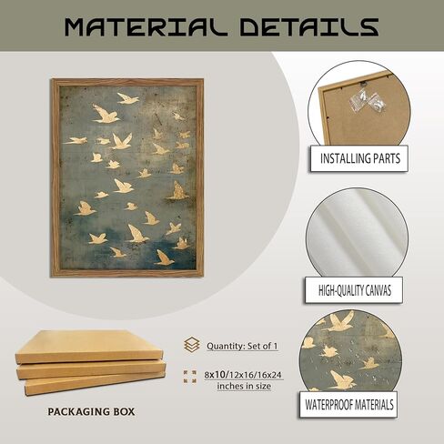 Framed Flock of Birds Canvas Wall Art, Vintage Minimalist Abstract Landscape Painting, Neutral Gold Birds Spiritual Wall Decor, Modern Aesthetic Pictures for Bedroom Living Room 8x10 inch in Saudi Arabia