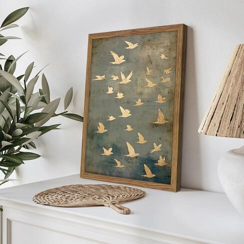 Framed Flock of Birds Canvas Wall Art, Vintage Minimalist Abstract Landscape Painting, Neutral Gold Birds Spiritual Wall Decor, Modern Aesthetic Pictures for Bedroom Living Room 8x10 inch in Saudi Arabia