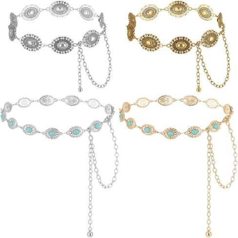 4 عبوات من أحزمة Concho الغربية للنساء راعية البقر بوهو الفيروزية حزام معدني عتيق للبطن البيضاوي حزام سلسلة للخصر لفساتين الجينز والحفلات الموسيقية الريفية والمهرجانات وإكسسوارات روديو in Kuwait