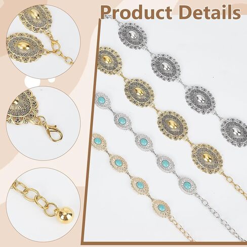 4 عبوات من أحزمة Concho الغربية للنساء راعية البقر بوهو الفيروزية حزام معدني عتيق للبطن البيضاوي حزام سلسلة للخصر لفساتين الجينز والحفلات الموسيقية الريفية والمهرجانات وإكسسوارات روديو in Kuwait