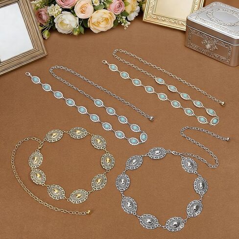 4 عبوات من أحزمة Concho الغربية للنساء راعية البقر بوهو الفيروزية حزام معدني عتيق للبطن البيضاوي حزام سلسلة للخصر لفساتين الجينز والحفلات الموسيقية الريفية والمهرجانات وإكسسوارات روديو in Kuwait