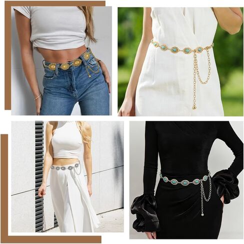 4 عبوات من أحزمة Concho الغربية للنساء راعية البقر بوهو الفيروزية حزام معدني عتيق للبطن البيضاوي حزام سلسلة للخصر لفساتين الجينز والحفلات الموسيقية الريفية والمهرجانات وإكسسوارات روديو in Kuwait