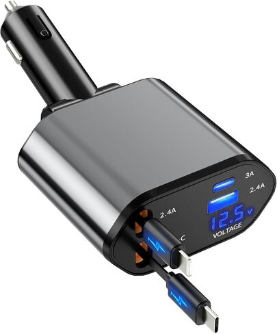 شاحن سيارة قابل للسحب، شاحن سيارة سريع الشحن 4 في 1 USB-C وUSB-A متوافق مع iPhone 16/15/14/13/12/11/X وGalaxy وPixel in Saudi Arabia