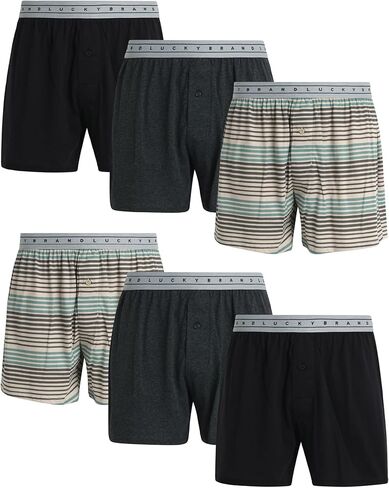 Lucky Brand Men's Boxer Shorts – 6 Pack Loose Fit Soft Knit Mens Underwear Boxers - Breathable Classic Boxers for Men (S-XL), Size Large, Jet Black/Stripe/Charcoal Heather Grey in Saudi Arabia