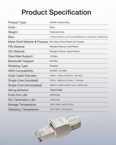 VCELINK RJ45 Toolless Connector, Zinc Alloy Shielded Tool Free Ethernet Plug, Up to 10 Gbps, Support 22 to 24 AWG Network Cable (CAT7, 12-Pack) in Saudi Arabia