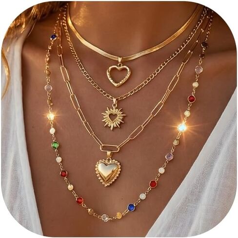 YEEZII 4 قطع قلادات ذهبية الطبقات للنساء، قلادة على شكل قلب أحجار كريمة ملونة مجوهرات عصرية للارتداء اليومي، مجموعة مجوهرات قلادات ذهبية قابلة للتكديس in Kuwait