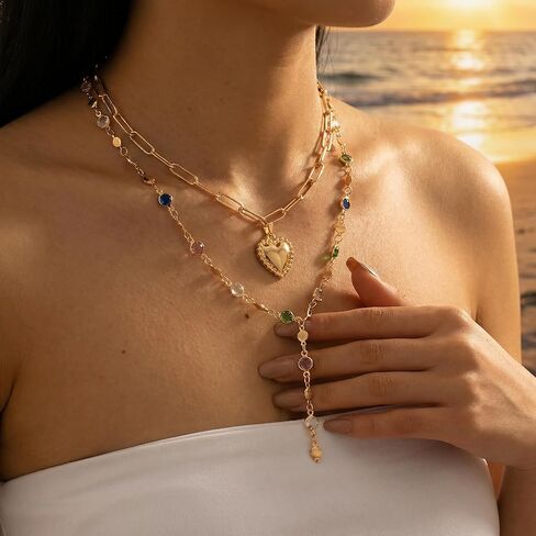 YEEZII 4 قطع قلادات ذهبية الطبقات للنساء، قلادة على شكل قلب أحجار كريمة ملونة مجوهرات عصرية للارتداء اليومي، مجموعة مجوهرات قلادات ذهبية قابلة للتكديس in Kuwait