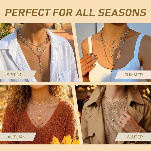 YEEZII 4 قطع قلادات ذهبية الطبقات للنساء، قلادة على شكل قلب أحجار كريمة ملونة مجوهرات عصرية للارتداء اليومي، مجموعة مجوهرات قلادات ذهبية قابلة للتكديس in Kuwait