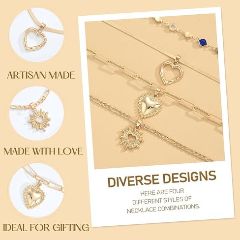 YEEZII 4 قطع قلادات ذهبية الطبقات للنساء، قلادة على شكل قلب أحجار كريمة ملونة مجوهرات عصرية للارتداء اليومي، مجموعة مجوهرات قلادات ذهبية قابلة للتكديس in Kuwait