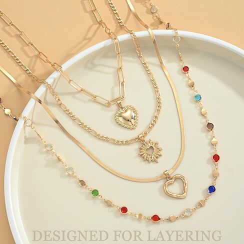 YEEZII 4 قطع قلادات ذهبية الطبقات للنساء، قلادة على شكل قلب أحجار كريمة ملونة مجوهرات عصرية للارتداء اليومي، مجموعة مجوهرات قلادات ذهبية قابلة للتكديس in Kuwait