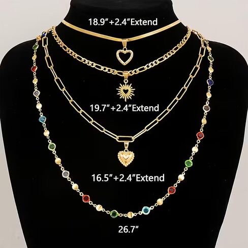 YEEZII 4 قطع قلادات ذهبية الطبقات للنساء، قلادة على شكل قلب أحجار كريمة ملونة مجوهرات عصرية للارتداء اليومي، مجموعة مجوهرات قلادات ذهبية قابلة للتكديس in Kuwait