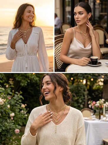 YEEZII 4 قطع قلادات ذهبية الطبقات للنساء، قلادة على شكل قلب أحجار كريمة ملونة مجوهرات عصرية للارتداء اليومي، مجموعة مجوهرات قلادات ذهبية قابلة للتكديس in Kuwait