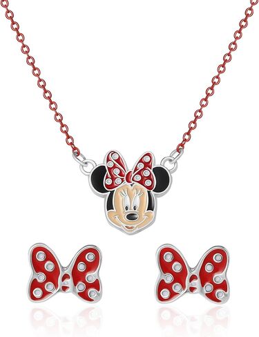 Disney Minnie Mouse Necklace and Stud Earrings for Women Official License, Fashion Jewelry Set with Red Chain and Enamel in Saudi Arabia
