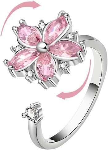 Pink Cherry Blossom Spinning Ring for Women - Adjustable Anxiety Relief Fidget Jewelry, Floral Rotating Stress Ring with Crystal Blossom Design. in Saudi Arabia