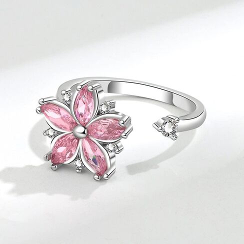 Pink Cherry Blossom Spinning Ring for Women - Adjustable Anxiety Relief Fidget Jewelry, Floral Rotating Stress Ring with Crystal Blossom Design. in Saudi Arabia