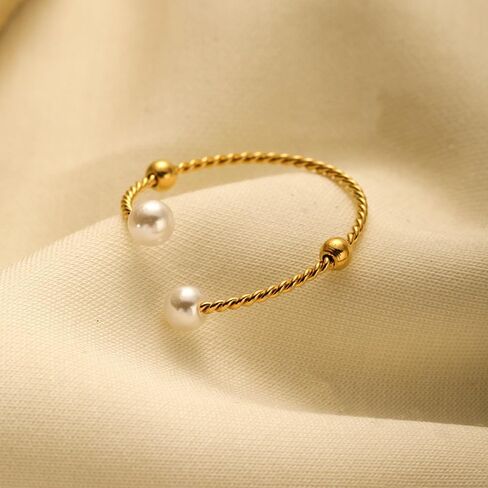 Pearl Twist Stacking Statement Ring for Women Gold-Tone Plated Stainless Steel Adjustable Open Wrap Ball Finger Rings Promise Engagement Dainty Thin Band Fashion Daily Wear Jewelry Girlfriend Wife in Saudi Arabia