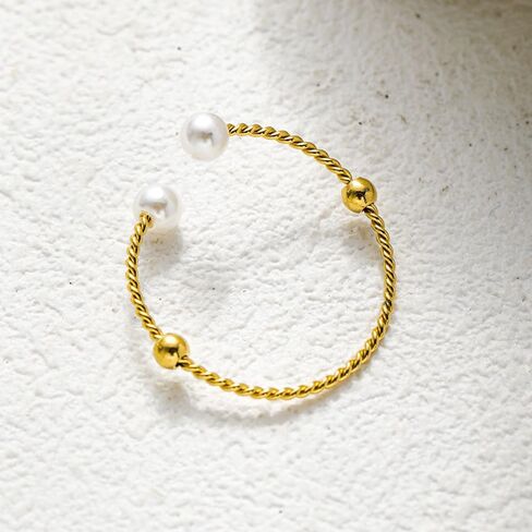 Pearl Twist Stacking Statement Ring for Women Gold-Tone Plated Stainless Steel Adjustable Open Wrap Ball Finger Rings Promise Engagement Dainty Thin Band Fashion Daily Wear Jewelry Girlfriend Wife in Saudi Arabia