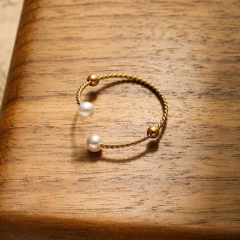 Pearl Twist Stacking Statement Ring for Women Gold-Tone Plated Stainless Steel Adjustable Open Wrap Ball Finger Rings Promise Engagement Dainty Thin Band Fashion Daily Wear Jewelry Girlfriend Wife in Saudi Arabia