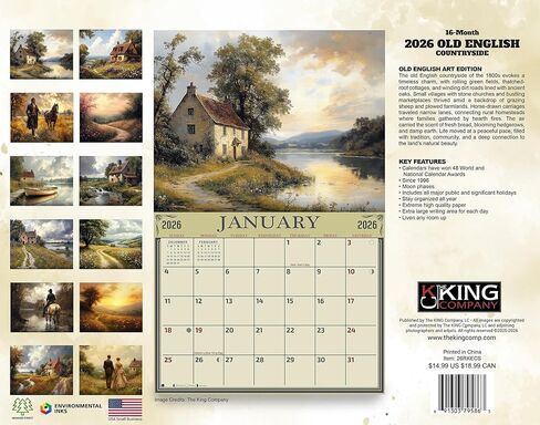 تقويم حائط الريف الإنجليزي القديم لعام 2026 مقاس 16 شهرًا مقاس X-Large 14x22، من شركة The KING Company-Monster Calendars in Kuwait