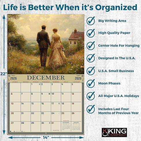 تقويم حائط الريف الإنجليزي القديم لعام 2026 مقاس 16 شهرًا مقاس X-Large 14x22، من شركة The KING Company-Monster Calendars in Kuwait