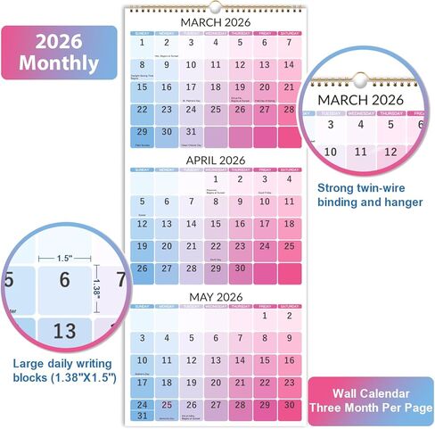 تقويم حائط لعام 2026 - تقويم حائط لمدة 3 أشهر 2026 عمودي، ديسمبر 2025 - يناير 2027، 11.3 بوصة × 26 بوصة، تقويم 2026، وضع - مسطح، العطلات، الكتل in Saudi Arabia