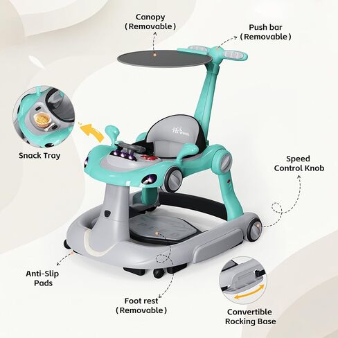 مشاية أطفال بعجلات، مشايات أطفال قابلة للطي 7 في 1 للأولاد والبنات من عمر 6 إلى 12 شهرًا مع صينية إطعام وموسيقى، أضواء، هزاز، مظلة شمسية، دواسة نطاطة، سرعة عجلة قابلة للتعديل، مشاية دفع (أسود) in Kuwait