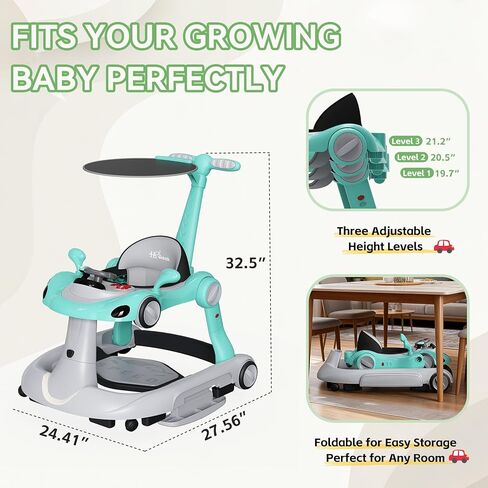 مشاية أطفال بعجلات، مشايات أطفال قابلة للطي 7 في 1 للأولاد والبنات من عمر 6 إلى 12 شهرًا مع صينية إطعام وموسيقى، أضواء، هزاز، مظلة شمسية، دواسة نطاطة، سرعة عجلة قابلة للتعديل، مشاية دفع (أسود) in Kuwait