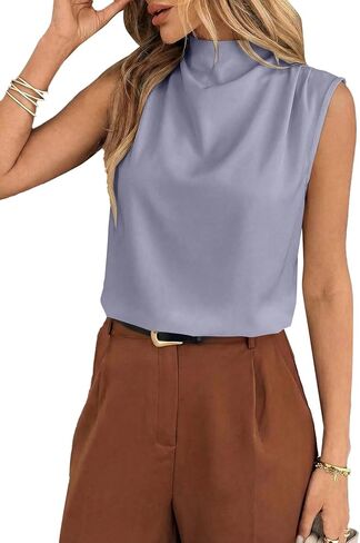 BLENCOT Women Tank Tops Mock Neck Pleated Summer Camisole Sleeveless Blouses Dressy Work Shirts in Saudi Arabia