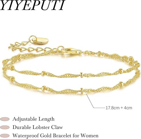14K Gold Bracelets for Women Gold Bracelets for Women Beaded Bracelet for Womens Double-Layer Twisted Design Cuban Link Layered Bracelet for Womens Adjustable Size (7-8.6) in in Saudi Arabia