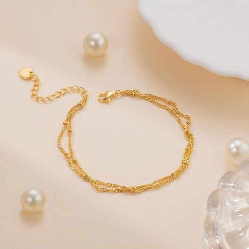 14K Gold Bracelets for Women Gold Bracelets for Women Beaded Bracelet for Womens Double-Layer Twisted Design Cuban Link Layered Bracelet for Womens Adjustable Size (7-8.6) in in Saudi Arabia