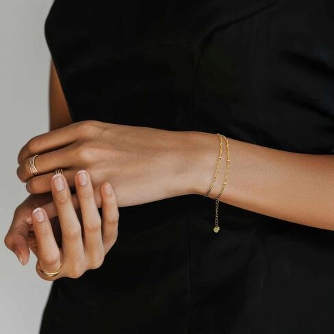 14K Gold Bracelets for Women Gold Bracelets for Women Beaded Bracelet for Womens Double-Layer Twisted Design Cuban Link Layered Bracelet for Womens Adjustable Size (7-8.6) in in Saudi Arabia