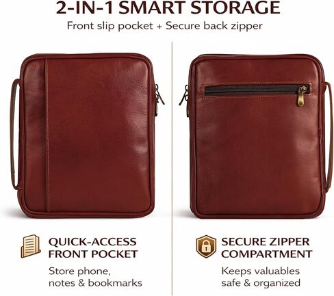 غطاء جلدي للكتاب المقدس بسحاب ومقبض، منظم حقيبة الكتاب المقدس من الجلد الطبيعي مع جيوب، حقيبة حمل الكتاب المقدس الواقية للرجال والنساء في الكنيسة in Kuwait